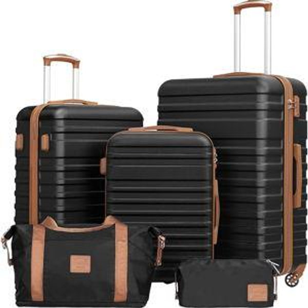 Coolife Suitcase Set 3 Piece Luggage Set Carry On (Black, 5 piece set)