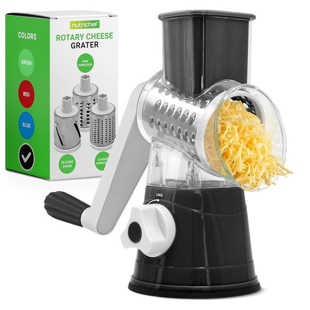 Nutrichef 3 in 1 Cheese Grater & Shredder | Strong Suction Base, Rotary Handle with Safety Lock | Includes Cleaning Brush, Hand Crank & 3 Drum Blades for 3 Textures, Fine, Medium & Strips | Black