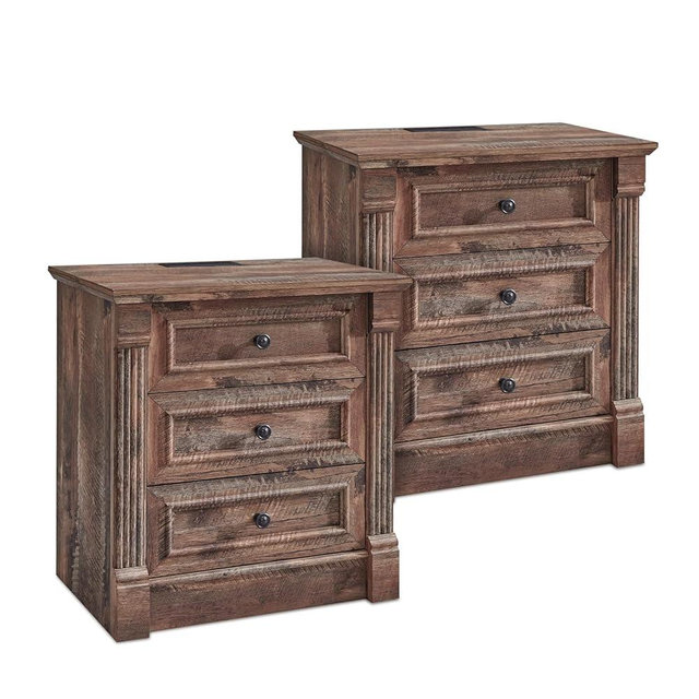 Aitjunz 26" Tall Farmhouse Nightstand Set of 2, 3 Drawers End Table w/Charging Station, 23.6" Wide Large Side Table w/Roman Column, Wood Rustic Bedside cabinets for Bedroom, Living Room, Light Brown