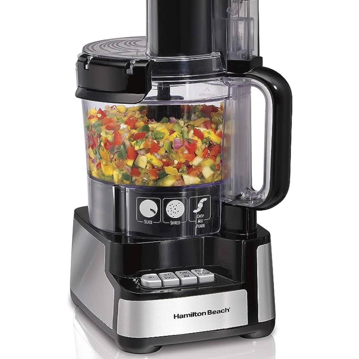 Hamilton Beach Stack & Snap Food Processor and Vegetable Chopper, BPA Free, Stainless Steel Blades, 12 Cup Bowl, 2-Speed 450 Watt Motor, Black (70725A)