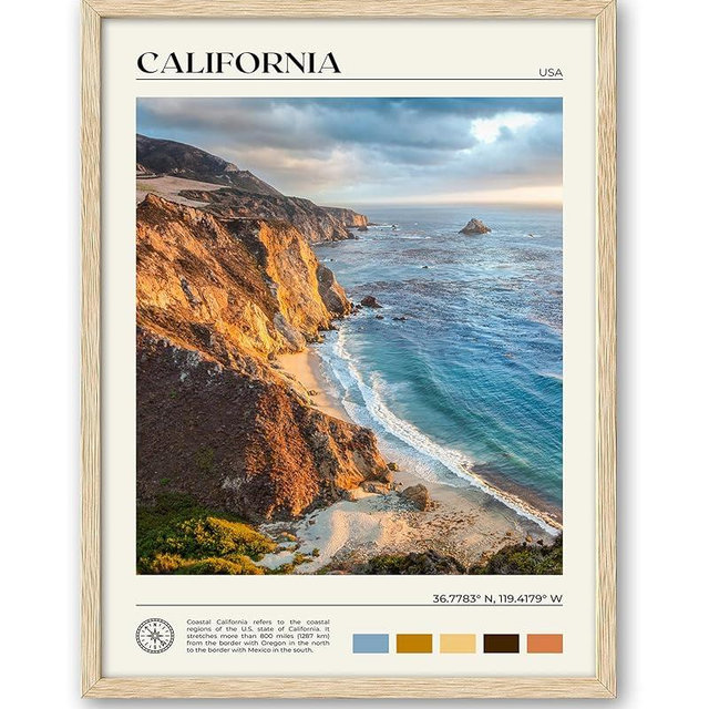 HesenDot Natural OAK Wood Coastal California Refers Framed Wall Art,12x16in Natural Seascape Canvas Wall Print,Classic Urban Landmark Wall Decor for Living Room,Bedroom,Office Gallery Gifts Set of 1