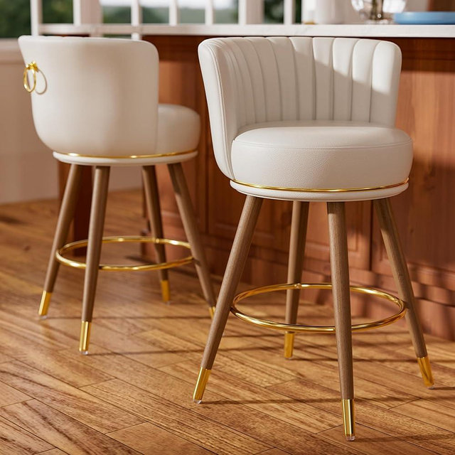 SeekFancy Counter Height Bar Stools Set of 2, 26 inch Swivel Upholstered Barstools with Backs, White Leather Kitchen Stools with Wood Legs and Footrest, Bar Chairs for Kitchen Island