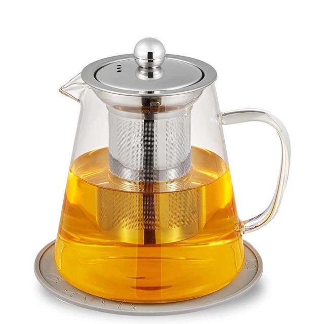 950ml/30oz Glass Teapot Kettle with Removable Stainless Steel Infuser & Matching Silicone Coasters, Stovetop & Microwave Safe Tea Pot for Loose Leaf Tea & Blooming Tea