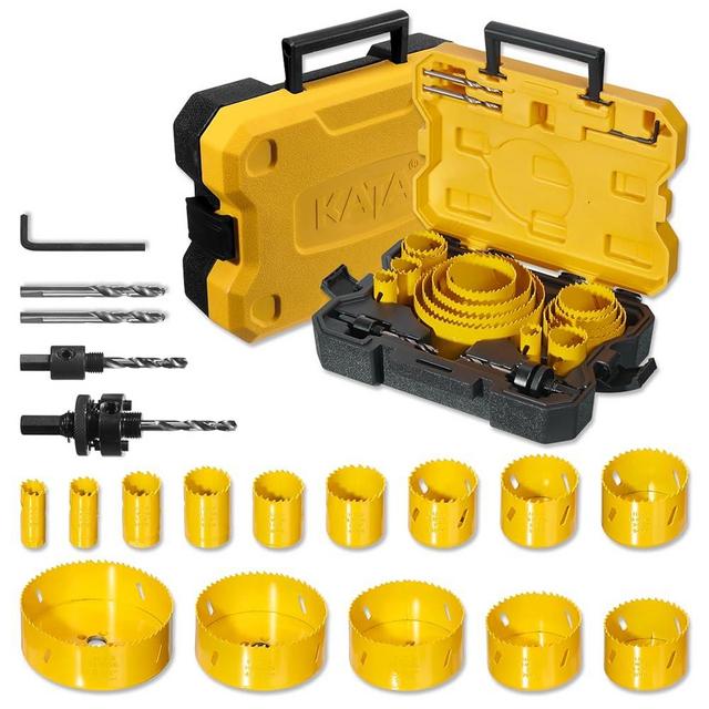 KATA Bi-Metal Hole Saw Kit, 19 Pieces M42 Steel Hole Saw Set with 3/4" -4-3/4" (19-121mm), General Purpose Hole Saw Blades in Case with Mandrels, Drill Bit, Hex Key for Thin Metal, Hard Wood, Drywall