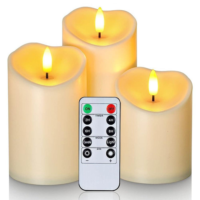 Homemory Waterproof Flickering Flameless Candles, Outdoor Battery Operated LED Pillar Candles with Remote Timers, Electric Fake Plastic Candles, D3“ x H4” 5" 6", Ivory, Set of 3