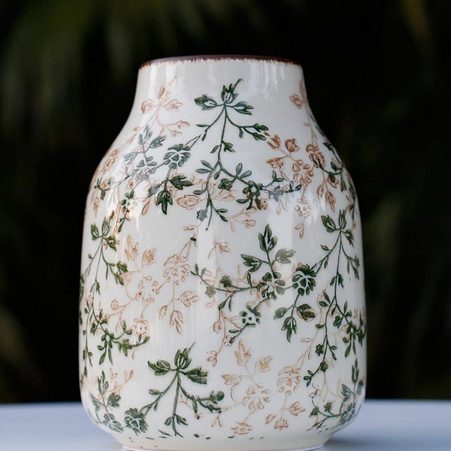 Green Ceramic Decorative Floral Vase for Flower Beige Ice Glazed Crack Farmhouse Rustic Vase for Home Decor, Living Room, Shelf, Office, Table Centerpiece 7.7 Inches with Floral Vine Pattern