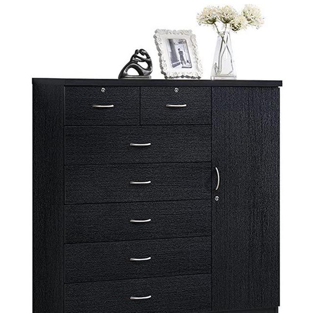 Hodedah 7 Drawer Jumbo Chest, Five Large Drawers, Two Smaller Drawers with Two Lock, Hanging Rod, and Three Shelves, Black