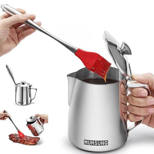 Sauce Pot and Basting Brush Set, Stainless steel Barbecue Basting Pot with Lid and Silicone Brush for Outdoor BBQ Grilling Cooking Tools, Grill Gadgets Gifts for Men Women Dad, 28oz