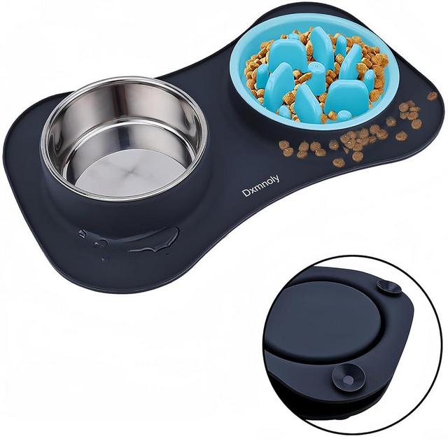 Dxmnoly Dog Slow Feeders, Dog Bowl Slow Feeder 3-in-1 Stainless Steel Dog Food and Water Dog Bowls with No Spill Non-skid Silicone Mat Suitable for Feeding Small Medium Dogs Cats Bowl Set (black)