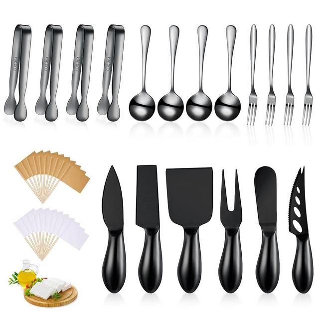 Patelai Charcuterie Board Accessories Cheese Spreader Knife Set Charcuterie Utensils Butter Knife Stainless Steel Mini Serving Tongs Spoons Appetizer Forks for Pastry Christmas(Black,18 Pieces)