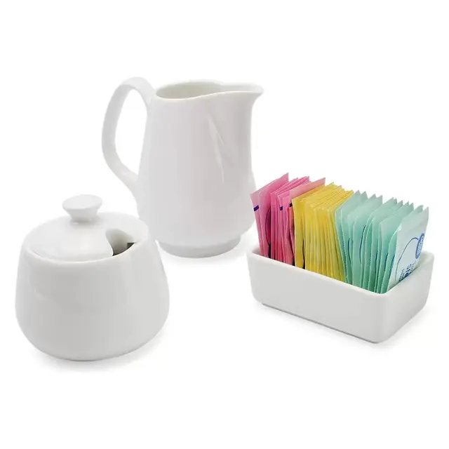 Darware Sugar and Creamer Set - 3pc Set; W/ Cream Pitcher, Sugar Bowl, Sweetener Packet Holder, White Ceramic Tea/Coffee Set