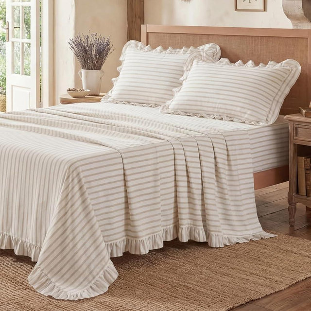 CrystalSylara Ruffled Striped Queen Sheet Bed Set 4 Piece, Brushed Polyester Ruffled Pinstripe Bedding 6" Deep Pocket Fitted Sheet Pinstripe Bed Sheets with 2 Pillowcase, Beige Farmhouse Bedroom Decor