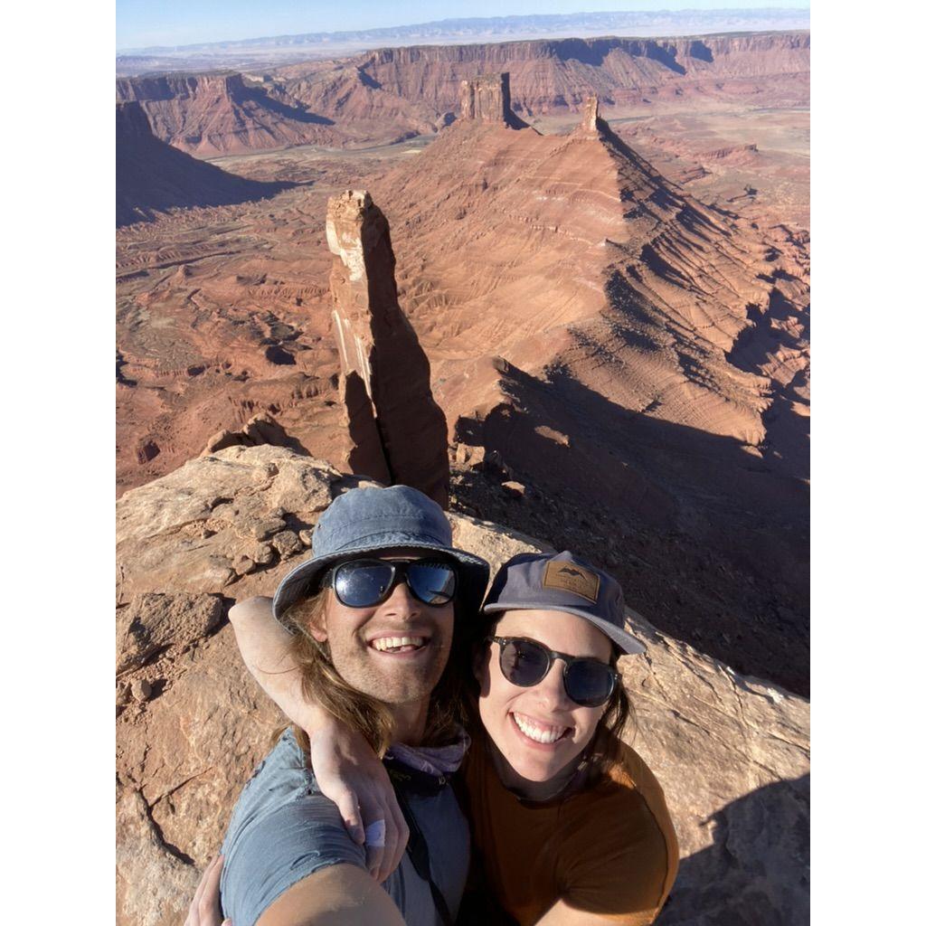 Walking around the top of a tower in Moab after climbing Fine Jade.