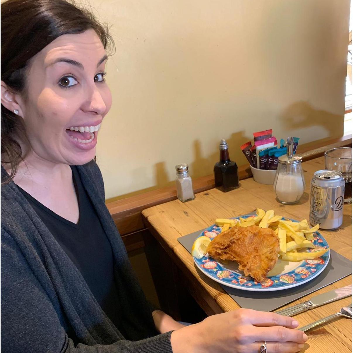 Jen's first time ever trying fish and chips in England!
