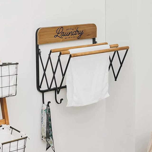 SOFFEE DESIGN Accordion Laundry Rack, Retractable Wall Mounted Racks, 3 Bars & 5 Hooks for Drying Hanging Towels Clothes Save Space Perfect for Laundry Room, Bathroom, Mudroom