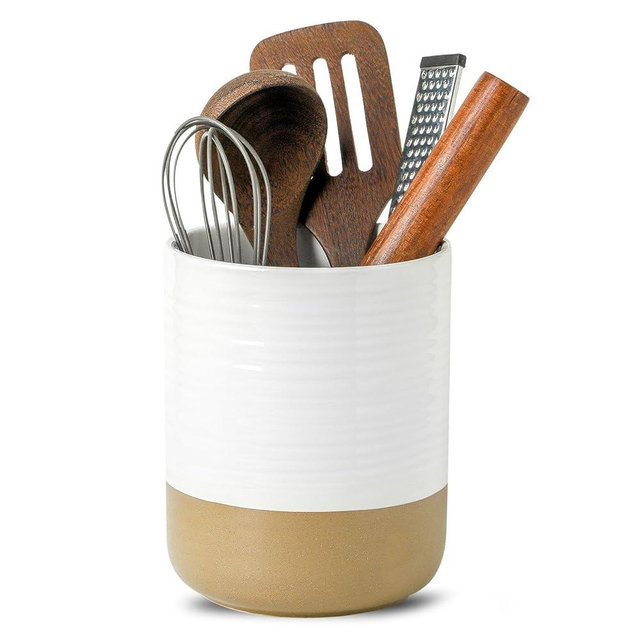 HASENSE Utensil Holder, 7.4" x 6.2" Ceramic Utensil Holder for Kitchen Counter, Large Utensil Oganizer for Utensil Set, Farmhouse White Cooking Utensil Crock for Kitchen Decor
