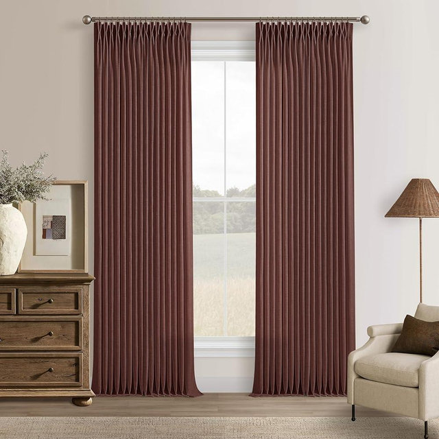 Chestnut Brown Pleated Thick Linen Curtains 108 Inches Length 2 Panels for Living Room Bedroom 9 ft Semi Sheer Privacy Country Linen Cotton Blend Window Curtain Panel Brownish Red Back Tab Drapes