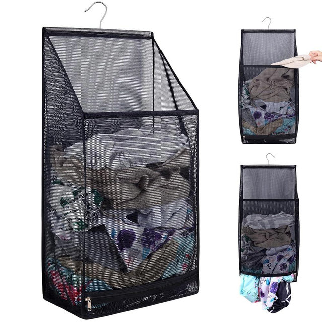 Hanging Collapsible Breathable Mesh laundry bags,Fast Drying Portable Space Saving Laundry Hamper for dorm,Rv Laundry Hamper Storage (Black)