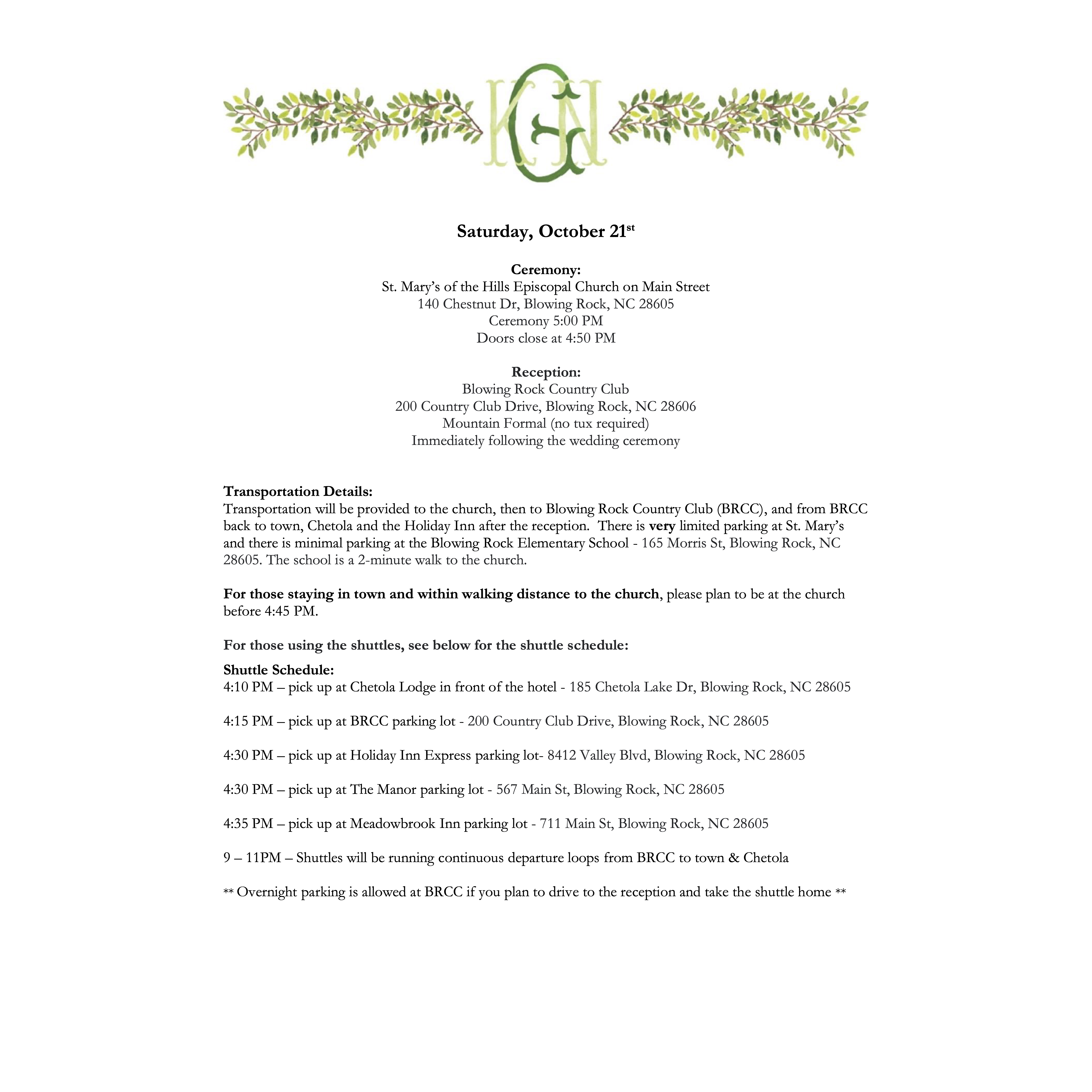Saturday, October 21st Transportation Schedule
