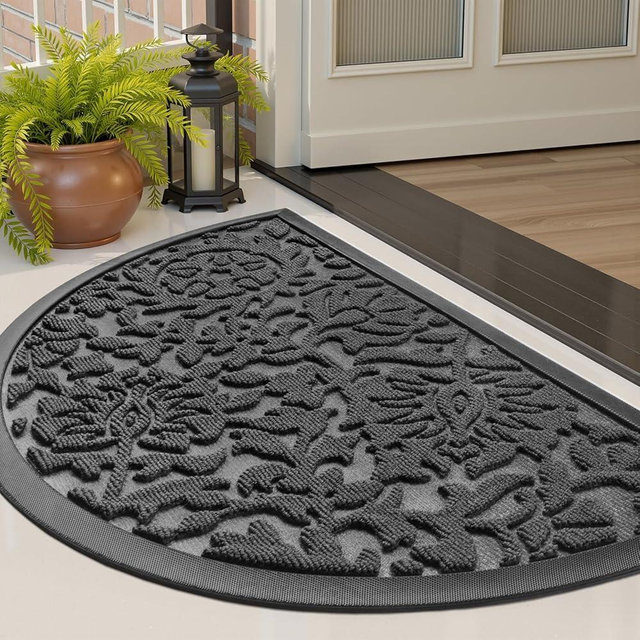 tchdio Door Mat Outdoor Indoor Entrance Doormat-Semicircular Durable Rubber Non Slip Front Door Mat for Outside Entry Entryway Welcome Mat for Muddy Paws and Shoes-Floral Grey 17”x30”