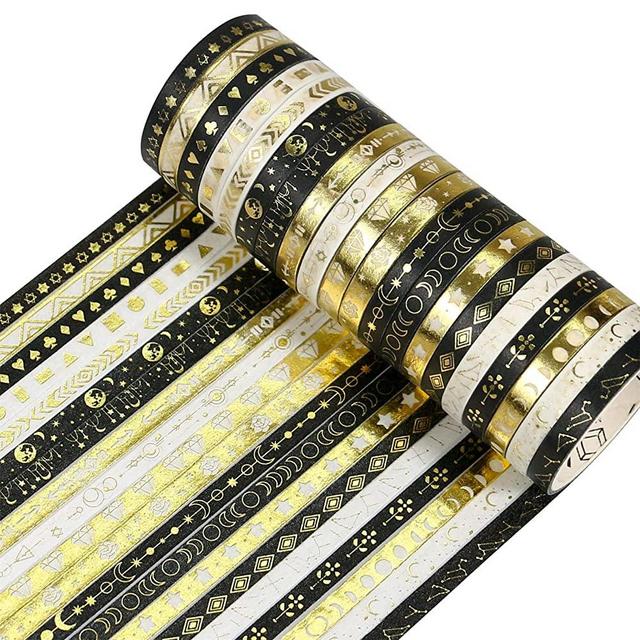 Thin Black Gold Washi Tape - 20 Rolls 5mm Wide Space Skinny Washi Tape Set with Moon, Star, Perfect for Bullet Journal, Scrapbook, Planner, Gift Packaging, DIY Crafts
