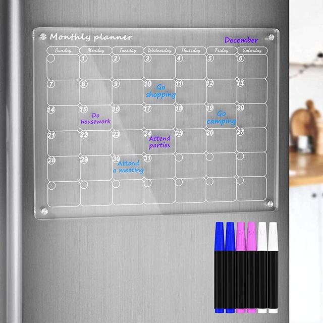 AITEE Acrylic Magnetic Dry Erase Board Calendar for Fridge, Magnetic Monthly Calendar for Fridge, 16"x12" Inches Clear Dry Erase Calendar for Refrigerator Includes 6 Dry Erase Markers with 3 Colors