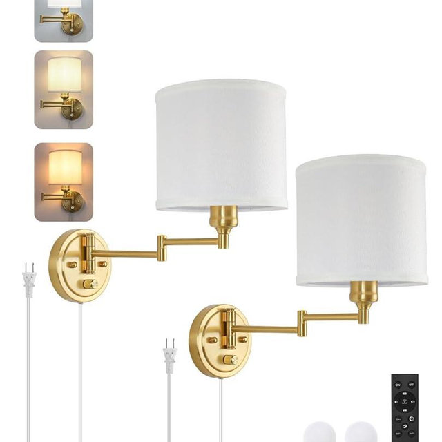 Plug in Wall Sconces with Remote Control, Dimming 10%-100% & Adjustable Colors 2700K-6500K, Hardwire or Plug-in, Swing Arm Wall Lamp with White Fabric Shade, Wall Sconces Set of Two, Gold Finish