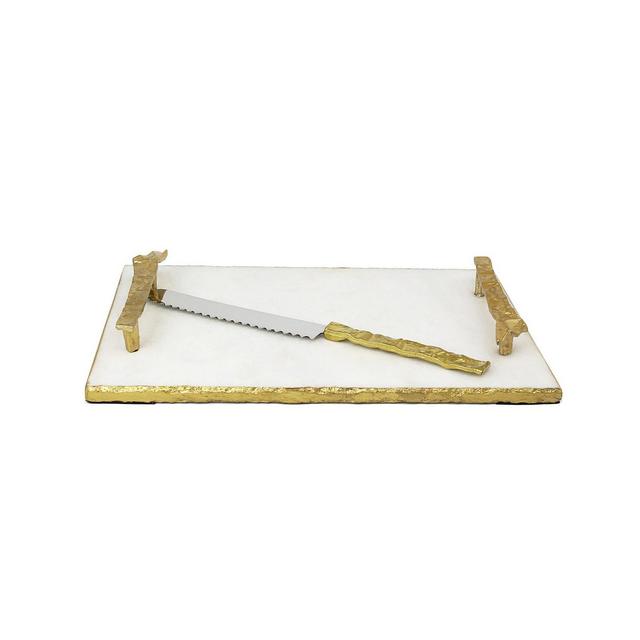 White Marble Challah Tray with Crumbled Handles and Knife