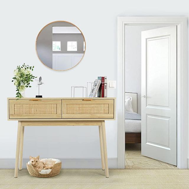 HOPUBUY Console Table with Rattan Drawers, Oak Narrow Sofa Table with Pine Leg, Modern Small Entryway Table for Hallway and Living Room, 39" Rustic Natural