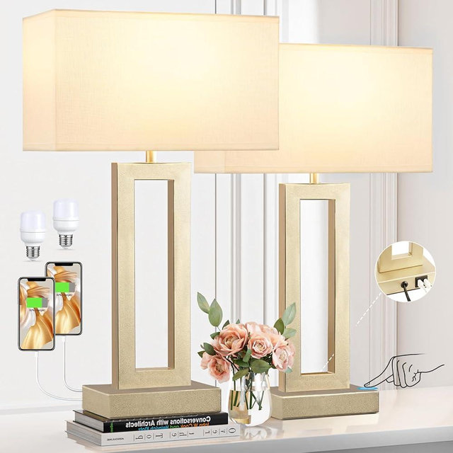 Seealle 22" Tall Bedroom Lamps for Living Room - Touch Gold Bedside Lamps with USB C+A, 3 Way Dimmable Lamp for Nightstand, Modern Night Stands Lamps for End Tables(White&Gold)