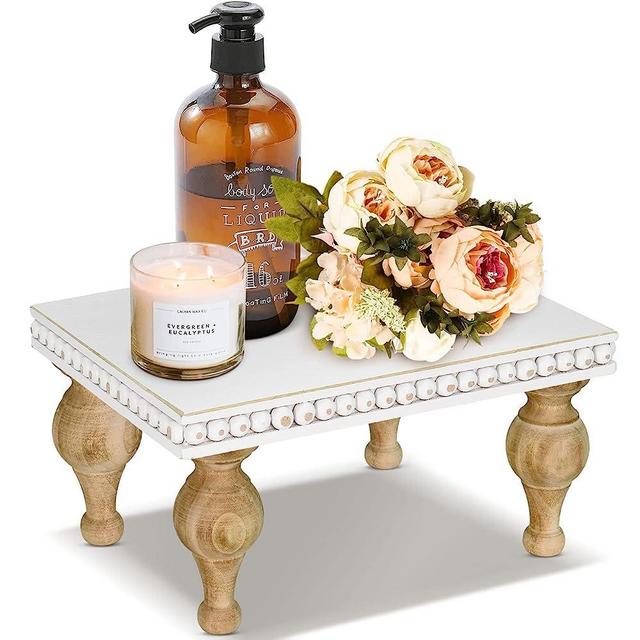 Farmhouse Wood Tray Risers for Display, Wooden Decorative Tray with Bead for Kitchen Decor, Pedestal Stand for Countertop,Wood Tray with Risers for Soap Dish on Risers