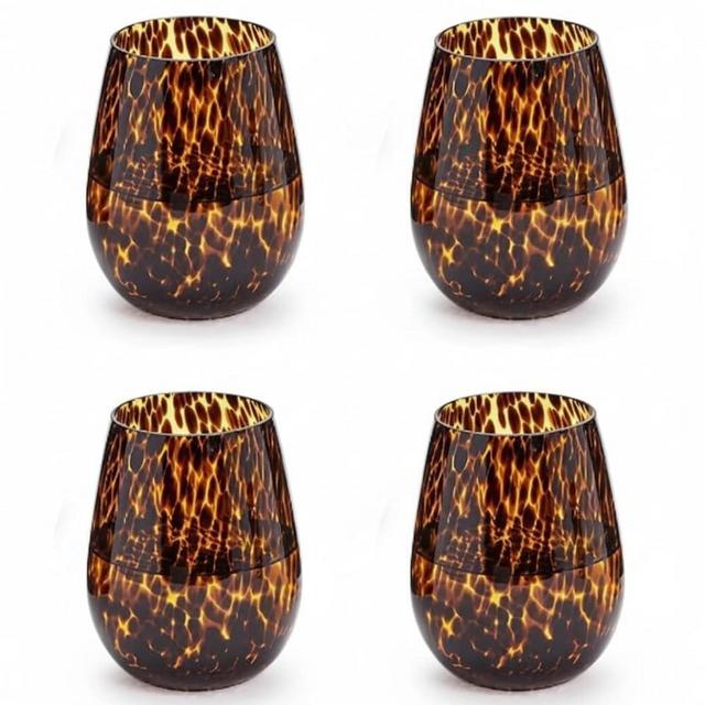 Honeydak Set of 4 Tortoise Leopard Print Brown 16oz Rocks Glasses Stylish Stemless Cocktail Cups Glass Glassware Tumbler Ideal for Gin, Tequila, Vodka, Soft Drinks