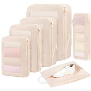 BAGAIL 4 Set/6 Set/8 Set Compression Packing Cubes Travel Accessories Expandable Packing Organizers (Square Mesh, 05-Cream)