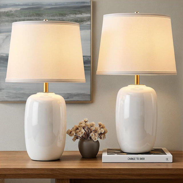PUSU 22 Inch White Ceramic Table Lamps Set of 2, Fabric Lampshade Living Room Office Desk lamp, E26 Socket Rotary Switch Lighting for Bedroom, Nightstand, Reading, Office, Study, Corner, Home Decor