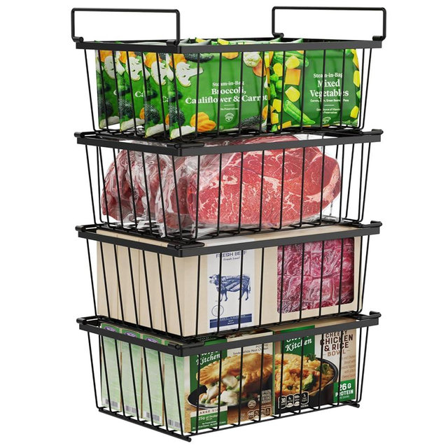 iSPECLE Freezer Organizer Bins - 4 Pack Stackable Chest Freezer Organizer for 5 Cu Ft Garage Freezer Sort Frozen Food, Deep Freezer Organizer Bins Easy to Get Food from Bottom without Digging, Black