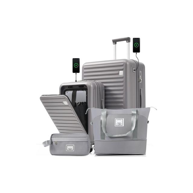 Whisen 4-Piece ABS Luggage Set with 20"/28” Checked & Carry on Suitcases, Duffel Bag and Toiletry Bag, Front-Opening Panel, USB - Grey