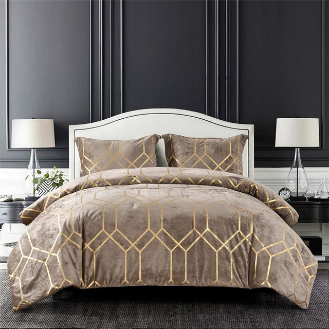 Sunshine Nicole Metallic Print Comforter Set, Distressed Velvet Face with Metallic Print and Brushed Solid Microfiber Reverse, with Light Weight Soft Poly Fill, 3 Pieces Khaki Gold, King