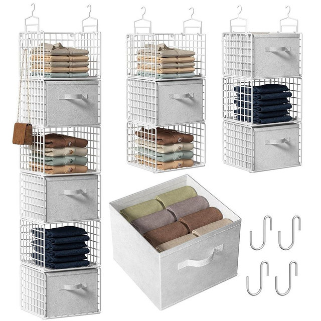 Closet Hanging Organizer with Drawers, 6 Tier Metal Closet Organizers and Storage with 4 Hanging Hooks 4 S-Hooks for Wardrobe Laundry Room, Wire Storage Shelf for Clothes Sweaters Pants (White)