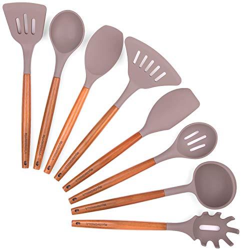 MyLEMONELLA Silicone Kitchen Utensil Set, Acacia Wood Handles, No-Fuss Cooking, Heat Resistant, Food Safe Quality Cooking Utensils, Durable Long Lasting, Attractive 8 PC Spoon, Server, Spatula Set