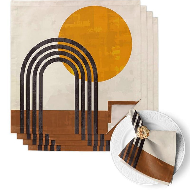 Cloth Napkins Set of 4, Mid Century Orange Arch Sun Geometric Abstract Art Washable Reusable Table Dinner Napkins, Rainbow Soft Absorbent Linen Napkin for Party Home Wedding Hotel