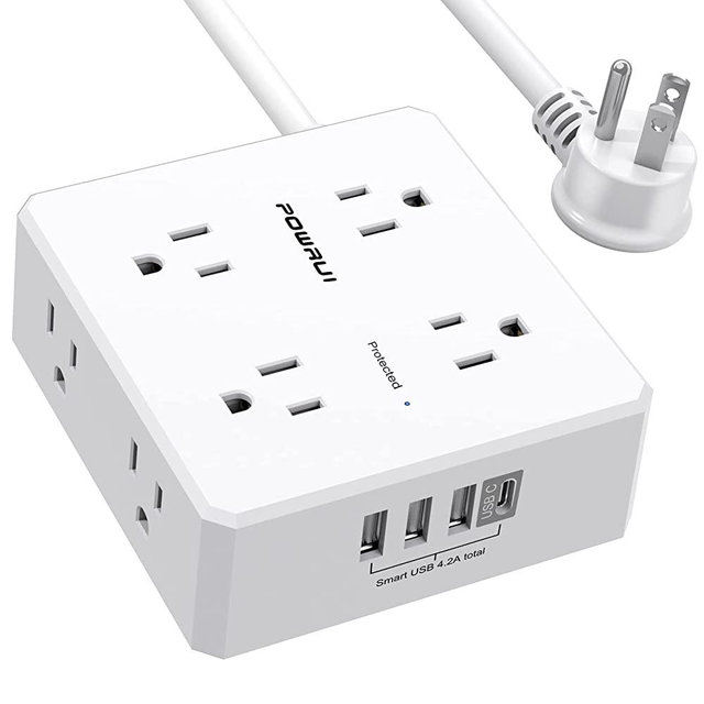 Power Strip with 10 Feet - POWRUI 8 Widely Surge Protector Outlets with 4 USB Ports, 3 Side Outlet Extender with 10 Feet Extension Cord, Flat Plug, Wall Mount, Desk USB Charging Station, ETL ,White