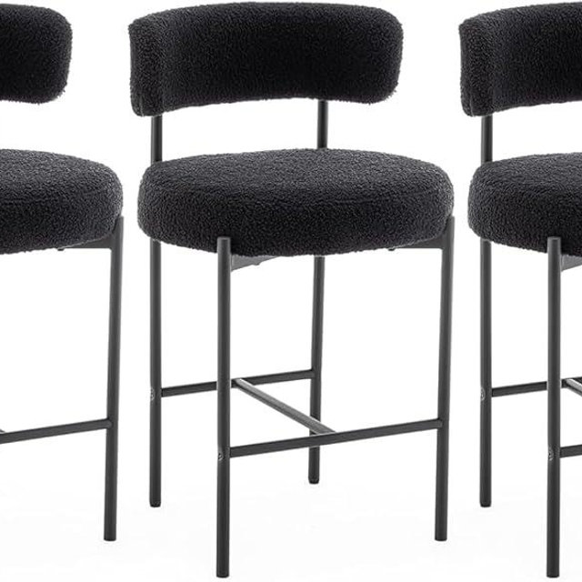 Cinxzar Boucle Bar Stools Set of 3, Black Counter Height Bar Stools with Backs, Modern Barstools for Kitchen Island, Pub, Club