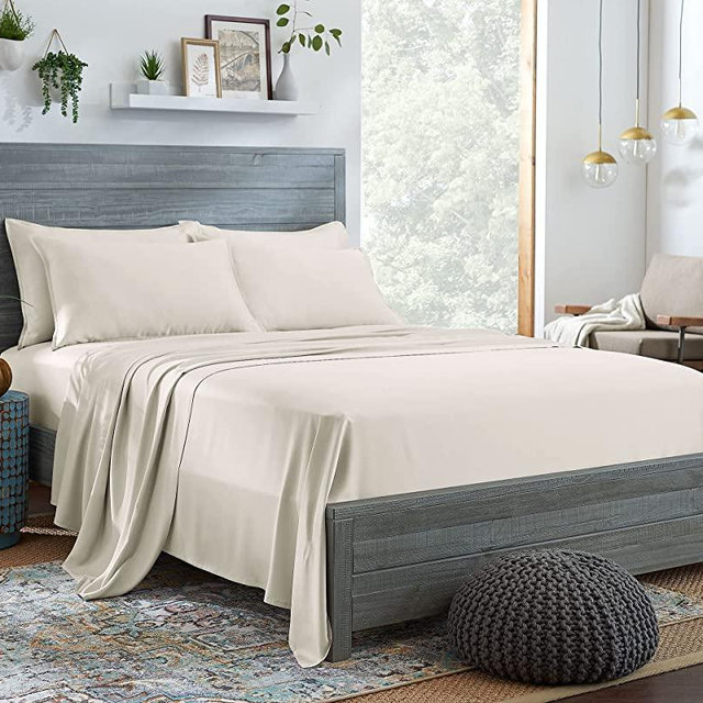 STYLINEN 100% Organic Eucalyptus Bed Sheets Queen Size 4 Piece Set, Tencel Lyocell, Silky Soft & Smooth, Breathable, 16 Inch Deep Pockets, 1 Fitted, 1 Flat, 2 Pillowcases (Queen, Ivory)