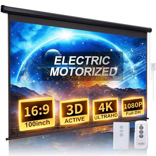 Motorized Projector Screen Pull Down 100 Inch 16:9 HD Automatic Projector Screen with Remote, Electric Retractable Black Projection Screen Portable, Roll Up Movie Screens for Projectors Outdoor Indoor