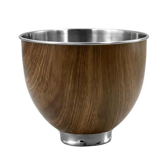 5QT Stainless Steel Mixer Bowl, Compatible with KitchenAid Series 4.5-5QT Tilt-Head Mixers, Suitable for K45SS, KSM75, KSM90, KSM100, KSM150, Wood Texture，Dishwasher Safe, Heavy Duty, No Residue