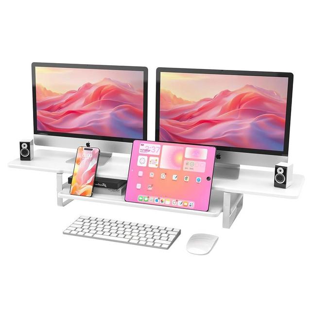 ECO-WILL Dual Monitor Stand, 2 Tier Wood Monitor Riser with Pad, Phone Holder, Storage Organizer, Cable Management, White