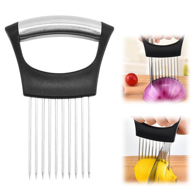 Onion Holder for Slicing, 2025 New Stainless Steel Onion Slice Holder Lemon Slicer Vegetable Cutter, Kitchen Gadgets Chopper Slicing Assistant Tool for Meat, Onion, Tomato, Potato (1 Pcs)
