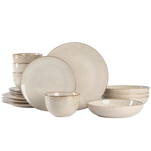 Gibson Elite Matisse 16-Piece Reactive Stoneware Double Bowl Dinnerware Set - Taupe