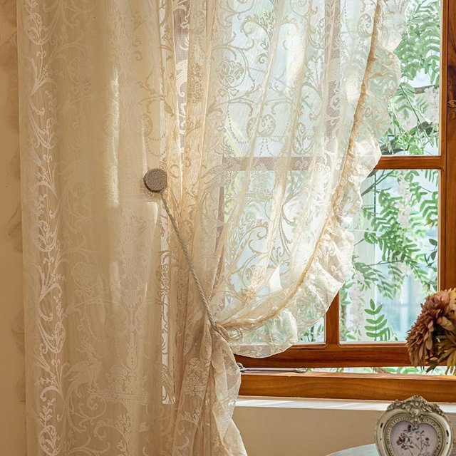 TUDECO Beige Sheer Curtains 84 Inches Long - Vintage Ruffle Lace Curtains for Living Room, Farmhouse Flowy Flower and Branch Rod Pocket Fluffy Neutral Art Decor 1 Pair, 59 x 84 Inch, Natural Beige