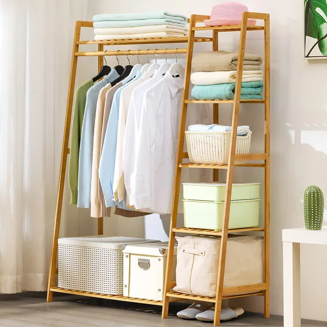 ORRD Bamboo Clothing Rack with Shoe Shelf, Freestanding Garment Rack & Closet Organizer, Multi-Tiered Wardrobe Storage for Bedroom, Hallway, Entryway